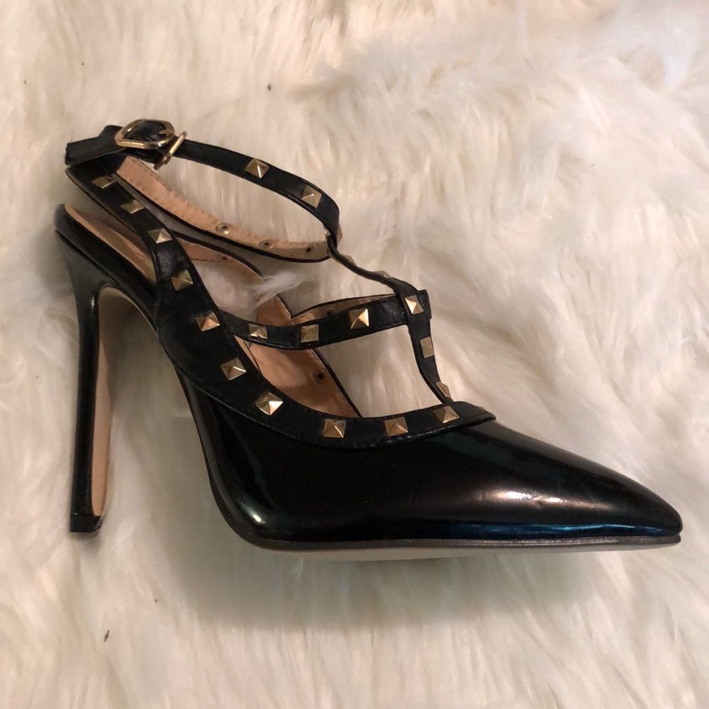 Jojo Cat Studded Glossy Black Stiletto Heels - Picture 2 of 14